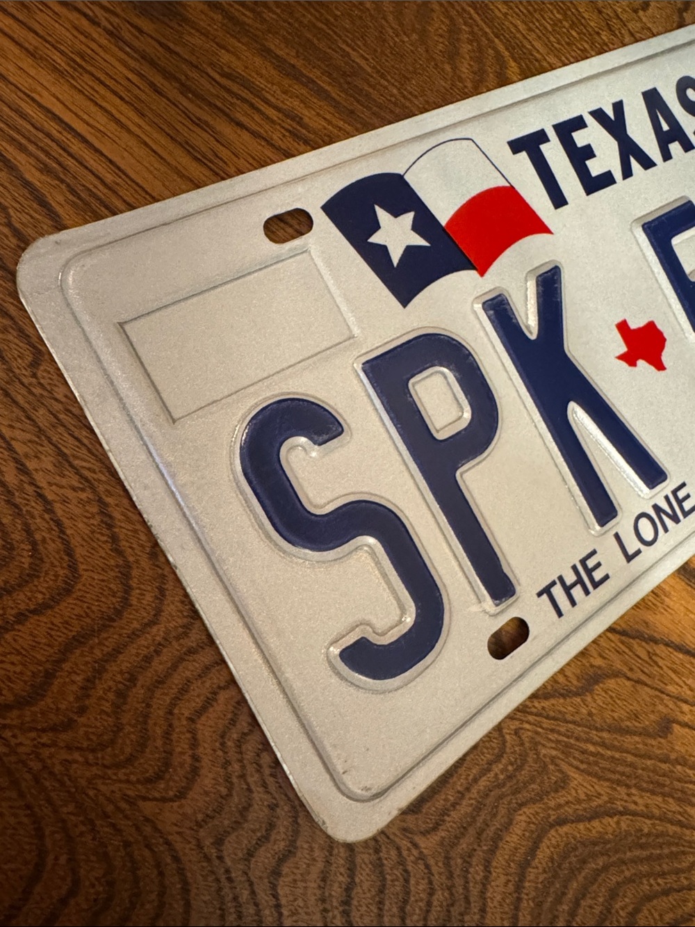 Texas Steel VTG License Plate "SPK-58J" - White & Navy with Red Detail - Picture 2 of 5